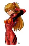  adjusting_hair arm_up artist_request bangs blue_eyes bodysuit bracer breasts cowboy_shot from_side gloves hair_ornament hair_over_one_eye light_smile long_hair neon_genesis_evangelion orange_hair plugsuit red_bodysuit signature simple_background small_breasts smile solo souryuu_asuka_langley turtleneck white_background 