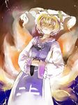  artist_request blonde_hair fox_tail from_below hands_in_opposite_sleeves hat long_sleeves looking_down multiple_tails pillow_hat short_hair solo source_request tabard tail touhou wide_sleeves yakumo_ran yellow_eyes 