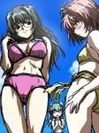  =_= adjusting_hair bikini blush breast_envy breasts cleavage day flat_chest green_hair grey_hair kotobuki_hajime large_breasts long_hair miyafuji_miina multiple_girls onegai_twins onodera_karen open_mouth oribe_tsubaki pink_hair short_hair sketch sky small_breasts smile swimsuit thigh_gap 