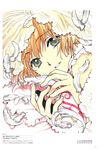  blonde_hair clamp close-up face feathers green_eyes grin hands highres holding_feather looking_at_viewer marker_(medium) non-web_source official_art parted_lips sakura_hime scan scan_artifacts see-through short_hair smile solo teeth traditional_media tsubasa_chronicle upper_body veil white_feathers 