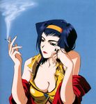  artist_request blue_hair breasts cigarette cleavage cowboy_bebop faye_valentine hairband large_breasts lipstick makeup smoking solo 