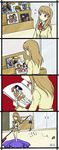  4koma :o aria artist_request artoria_pendragon_(all) axe bardiche blonde_hair blue_hair brown_hair buttons cameo comic door fate/stay_night fate_(series) fate_testarossa fujino_shizuru hair_ornament jacket jpeg_artifacts leaf long_sleeves lyrical_nanoha magazine magical_girl mahou_shoujo_lyrical_nanoha mahou_shoujo_lyrical_nanoha_a's motion_lines my-hime parted_lips polearm raising_heart red_eyes red_hair saber shaded_face silent_comic takamachi_nanoha toosaka_rin twintails upper_body weapon x_hair_ornament 