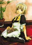  :o animal apron arm_support black_dress blonde_hair bow bowtie buttons cat choker dress expressionless flower_pot kazumiya_akira maid original parted_lips plant potted_plant red_eyes short_hair short_sleeves sitting solo tile_floor tiles wariza yellow_bow 