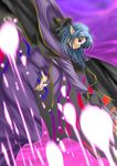  :d ahoge battle black_cape black_gloves blue_eyes blue_hair blurry braid bridal_gauntlets cape caster dress fate/stay_night fate_(series) from_side gloves glowing holding holding_staff leaning_forward long_hair long_sleeves magic mikami_mika motion_blur open_mouth outstretched_arm pointing pointy_ears profile purple purple_dress single_braid single_glove smile solo staff 