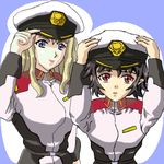  artist_request black_hair blonde_hair gundam gundam_seed kuwashima_houko long_hair long_sleeves lowres mireille_bouquet mitsuishi_kotono multiple_girls noir parody seiyuu_connection short_hair yuumura_kirika 