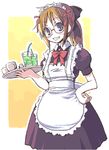  :d apron blush bow bowtie brown_hair cup drink drinking_glass frills glasses ice ice_cube kimarin liquid maid maid_headdress melon_soda open_mouth original purple_eyes red_bow red_neckwear simple_background smile solo teeth tray upper_body white_background 