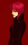  artist_request coat ghost_in_the_shell kusanagi_motoko monochrome purple_hair red red_eyes short_hair simple_background solo 