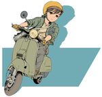  artist_request brown_eyes brown_hair copyright_request gloves ground_vehicle helmet jacket long_sleeves motor_vehicle open_clothes open_jacket scooter short_hair sleeves_pushed_up solo vespa vespa_p-series 