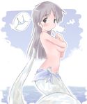  abubu blush breast_hold breasts covering covering_breasts from_side grey_eyes grey_hair looking_at_viewer mermaid monster_girl ocean original outdoors sarong sky solo sweatdrop topless white_sarong 