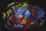  1boy beast black_pants blue_fur bracer broken claw_(weapon) claws drogod fur glowing gradient gradient_background grey_fur highres league_of_legends liquid monster open_mouth pants pointy_ears red_eyes scratches signature smoke solo tail teeth tongue torn_clothes tube warwick weapon 