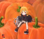  armlet black_dress blonde_hair dress food hair_ribbon long_sleeves looking_at_viewer original pointy_ears pot pumpkin red_eyes ribbon sakaetoun short_hair solo vegetable 