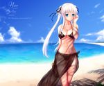 beach bikini black_bikini black_sarong blue_eyes blue_sky breasts cait cleavage cloud dated day hair_ribbon holding holding_shoes horizon large_breasts long_hair mabinogi nao_(mabinogi) navel no_pupils ocean outdoors palm_tree ribbon sand sarong see-through shoes sky solo swimsuit thigh_gap translucent_sarong tree twintails very_long_hair water watermark web_address 