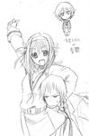  2girls :d annoyed arm_around_neck arm_up chibi greyscale headband kazuki_ren kita_high_school_uniform kyon long_sleeves monochrome multiple_girls nagato_yuki open_mouth school_uniform serafuku short_hair sketch smile suzumiya_haruhi suzumiya_haruhi_no_yuuutsu 