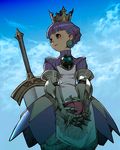  apple armor armored_dress blue_background cloud crown day earrings food fruit gauntlets gradriel jewelry princess_crown sakamoto_mineji skirt sky solo sword weapon white_bloomers 