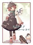  2005 :d animal_ears bird conductor dress eighth_note eurasian_tree_sparrow gloves hat long_sleeves musical_note mystia_lorelei one_eye_closed open_mouth sakura_(medilore) scarf shoes smile solo sparrow spoken_musical_note touhou walking winged_shoes wings winter 