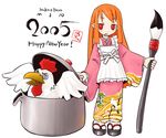  bird calligraphy_brush chicken cooking japanese_clothes long_sleeves original paintbrush pot red_hair sakaetoun solo 