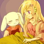  1girl ^_^ artist_request blanket blonde_hair closed_eyes curly_brace doukutsu_monogatari headgear lowres monster petting purple_eyes quote simple_background smile upper_body 