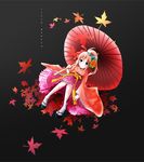  artist_request autumn autumn_leaves copyright_request flower japanese_clothes kimono leaf maple_leaf oriental_umbrella red_umbrella short_kimono solo tabi umbrella 