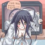  artist_request black_hair blush bow breasts brown_eyes cleavage downblouse japanese_clothes kimono korean large_breasts long_hair long_sleeves lowres nail_polish oekaki pink_nails solo tears television the_ring through_screen translated yamamura_sadako 