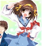  1girl armband bad_anatomy blue_sailor_collar brown_hair kita_high_school_uniform kyon long_sleeves paco sailor_collar school_uniform serafuku short_hair suzumiya_haruhi suzumiya_haruhi_no_yuuutsu 