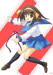  blue_sailor_collar blue_skirt brown_hair h kita_high_school_uniform long_sleeves rakkyo sailor_collar school_uniform serafuku short_hair skirt solo suzumiya_haruhi suzumiya_haruhi_no_yuuutsu 