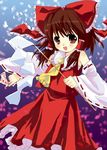  ascot bow brown_eyes brown_hair cravat dress frills gohei hair_ribbon hair_tubes hakurei_reimu huge_bow long_sleeves ofuda purple_background red_dress ribbon shige short_hair smile solo touhou 