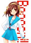  blue_sailor_collar blue_skirt brown_hair haruyo_(imokenp) kita_high_school_uniform long_sleeves sailor_collar school_uniform serafuku short_hair skirt solo suzumiya_haruhi suzumiya_haruhi_no_yuuutsu 