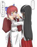  2girls apron artist_request black_hair crying dress grimace kohaku long_hair long_sleeves multiple_girls open_mouth red_dress red_hair speech_bubble spoken_ellipsis tears toono_akiha tsukihime very_long_hair white_background wince 