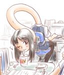  1girl ;) bangs black_hair black_legwear blue_skirt blue_vest book brown_eyes computer cup desk drink drinking drinking_glass drinking_straw formal long_hair long_neck mcdonald's monster_girl neck office_lady one_eye_closed original pantyhose papers pimmy rokurokubi short_sleeves sketch skirt skirt_suit smile solo_focus stretched_limb suit vest youkai 