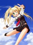  :d blonde_hair copyright_request green_eyes highres long_hair long_sleeves miniskirt one_eye_closed open_mouth school_uniform shiukichi skirt smile solo twintails v 