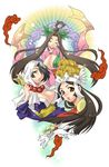  amaterasu black_hair breasts brown_hair cleavage closed_eyes earrings jewelry kushi large_breasts long_hair long_sleeves multiple_girls ookami_(game) sakuya_(ookami) short_hair tsuzurao yukiyanagi 