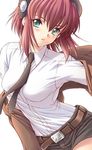  belt blush daiakuji dress_shirt green_eyes jacket kuroda_akimi long_sleeves necktie off_shoulder red_hair shirt short_hair short_shorts shorts solo yamazawa_asami 