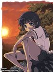  barefoot black_eyes black_hair copyright_request nature oekaki onija_tarou scenery school_uniform sitting solo sunset 