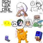  1boy 2girls ballos balrog_(doukutsu_monogatari) costume date_fuyuhiko doukutsu_monogatari highres jack_(doukutsu_monogatari) king_(doukutsu_monogatari) misery_(doukutsu_monogatari) multiple_girls pikachu pokemon pokemon_(creature) sakamoto_sue 