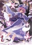  akiyoshi_yoshiaki bug butterfly clog_sandals fan folding_fan hat insect long_sleeves paper_fan pink_eyes pink_hair saigyouji_yuyuko socks solo tabi touhou tree triangular_headpiece 