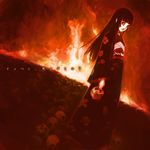  bangs black_hair blunt_bangs enma_ai fire haimura_kiyotaka hime_cut japanese_clothes jigoku_shoujo long_hair long_sleeves skull solo 