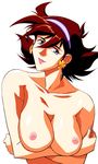  bangs blue_eyes breast_hold breasts brown_hair clover earrings fingernails four-leaf_clover g_gundam grin gundam hair_between_eyes hairband head_tilt highres jewelry large_breasts lipstick long_fingernails looking_at_viewer makeup nail_polish nipples nude nude_filter rain_mikamura short_hair simple_background smile solo third-party_edit upper_body white_background 