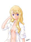  artist_request blonde_hair blue_eyes long_hair mireille_bouquet noir open_clothes open_shirt shirt sleeves_rolled_up smile solo 