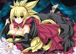  2006 bare_shoulders bat_wings blonde_hair bow breasts cleavage copyright_name detached_sleeves disgaea dress earrings high_heels huge_bow jewelry large_breasts lying makai_senki_disgaea_2 on_stomach pointy_ears red_eyes ring rozalin shinano_yura shoes solo strapless strapless_dress wings yellow_bow 