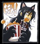  1boy animal_ears black_hair chicken_(food) claws collar dog_ears dogboy eating facial_hair fangs food harry_potter long_hair lowres male_focus paws silver_eyes sirius_black solo speech_bubble stubble yukipon 