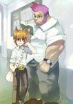  2boys bag bangs belt blonde_hair book copyright_request glasses hamamoto_ryuusuke height_difference loafers male_focus messenger_bag multiple_boys muscle pink_hair school_uniform shoes shoulder_bag sideburns signature watch wristwatch 