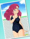  2004 80s anime_coloring blush chain-link_fence commentary dutch_angle fence hair_ornament hairclip highres looking_away mushimaru oldschool one-piece_swimsuit orange_eyes photo_(object) pink_hair ran_(urusei_yatsura) school_swimsuit smile solo swimsuit urusei_yatsura wet 
