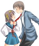  1girl blue_sailor_collar brown_hair kita_high_school_uniform kyon long_sleeves necktie necktie_grab neckwear_grab sailor_collar school_uniform serafuku short_hair subaru_(yachika) suzumiya_haruhi suzumiya_haruhi_no_yuuutsu 