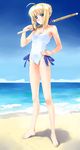  ahoge armpits artoria_pendragon_(all) bare_shoulders barefoot beach blonde_hair blue_eyes casual_one-piece_swimsuit day fate/stay_night fate_(series) feet hand_on_hip minamino_kanata ocean one-piece_swimsuit outdoors saber shinai solo swimsuit sword water weapon 