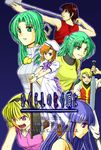  5girls blonde_hair fate/stay_night fate_(series) furude_rika green_hair half_updo higurashi_no_naku_koro_ni houjou_satoko houjou_satoshi long_sleeves maebara_keiichi multiple_boys multiple_girls parody ryuuguu_rena shun_(rokudena-shi) siblings sisters sonozaki_mion sonozaki_shion twins 