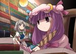  book bow cup expressionless izayoi_sakuya library long_sleeves looking_away maid mizumoto_tadashi multiple_girls patchouli_knowledge pink_bow quill sitting teapot touhou tray voile writing 