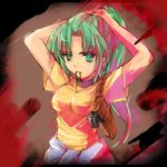  adjusting_hair arms_up blush cowboy_shot expressionless green_eyes green_hair gun handgun higurashi_no_naku_koro_ni holster mouth_hold shirt short_sleeves shoulder_holster solo sonozaki_mion tsukamichi_fumi tying_hair weapon yellow_shirt 