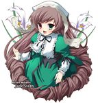  :d bangs blush brown_hair calla_lily copyright_name corset dress drill_hair flat_chest flower frills green_dress green_eyes hat heterochromia lolita_fashion long_hair long_sleeves looking_at_viewer open_mouth red_eyes ribbon rozen_maiden shinshin smile solo suiseiseki twin_drills twintails very_long_hair white_background 
