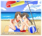  artist_request bad_anatomy ball beach beachball bikini brown_eyes brown_hair copyright_request day hits multiple_girls outdoors swimsuit towel umbrella wallpaper 