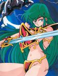  80s armor artist_request ayanokouji_rem bikini_armor blue_eyes circlet dated dream_hunter_rem green_hair horse long_hair oldschool shield signature solo sword weapon 